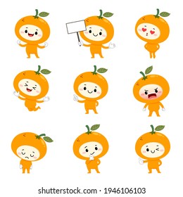 Conjunto de adorables personajes de dibujos animados naranjas con diversas actividades y emociones.