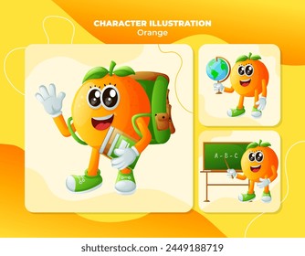 Set of cute orange characters in education. Perfect for kids, merchandise and sticker, banner promotion or blog
