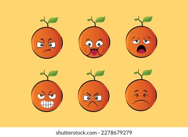 Set of cute orange characters with emotions, faces, arms and legs. Happy or sad heroes, exotic fruits smile, play, fall in love, keep their distance with a mask. Vector flat illustration