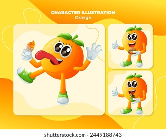 Set of cute orange characters enjoying food. Perfect for kids, merchandise and sticker, banner promotion or blog
