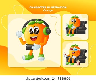 Set of cute orange characters enjoying leisure activities. Perfect for kids, merchandise and sticker, banner promotion or blog
