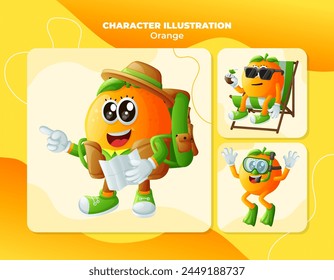 Set of cute orange characters on vacation. Perfect for kids, merchandise and sticker, banner promotion or blog
