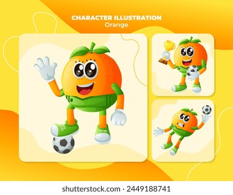 Set of cute orange characters playing soccer. Perfect for kids, merchandise and sticker, banner promotion or blog
