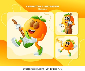 Set von niedlichen orangefarbenen Figuren, die Musikinstrumente spielen. Perfekt für Kinder, Merchandise und Aufkleber
