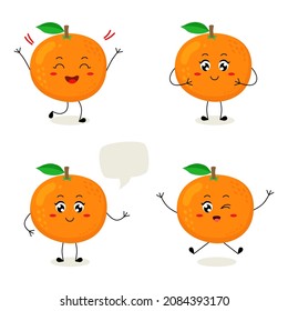 Set of cute orange fruit character in different poses and emotion. Funny character in cartoon style. Vector illustration isolated on a white background.