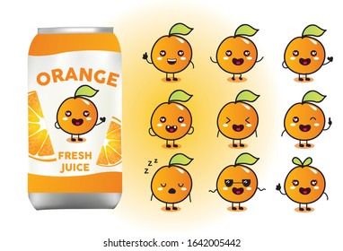 Set of cute orange fruit designs with aluminium cans packaging mockup vector