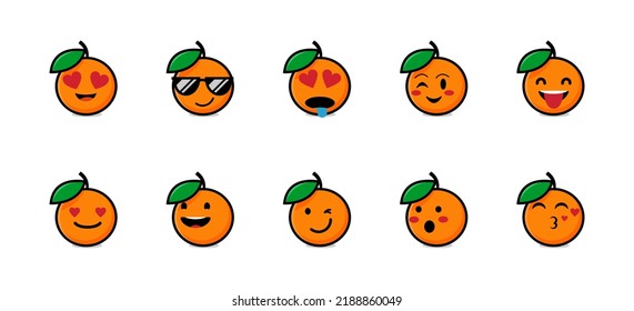 Set of cute orange fruits emojis. Vector illustration isolated on white background. Fruit character design in various emotions. 