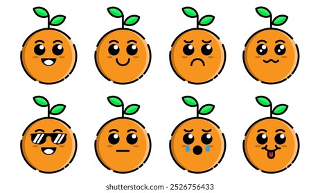 Conjunto de emojis de frutas laranja bonitinhas. Ilustração vetorial isolada sobre fundo branco. Agrupe o design dos personagens de frutas em várias emoções.