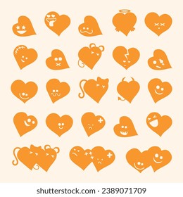 Set of cute orange hearts with different emotions. Vector illustration for your design