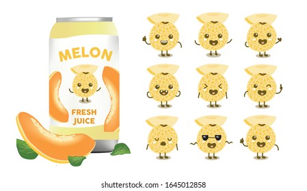 Conjunto de diseños adorables de melón naranja con latas de aluminio empaquetamiento vectorial