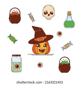A set with a cute orange pumpkin with a smile for your Halloween design. A symbol of a happy Halloween holiday. Vector illustration