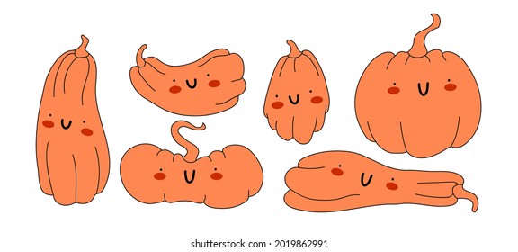 Set of cute orange pumpkins with eyes and a smile. Collection of adorable pumpkins with faces. Vector stock illustration isolated on white background.