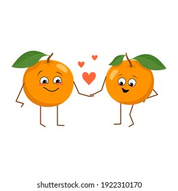 Conjunto de personajes adorables naranjas con emociones aisladas en fondo blanco. Los héroes divertidos o felices, los frutos anaranjados y las verduras han jugado, se enamoran. Ilustración plana del vector