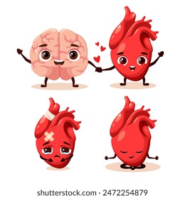 Conjunto de órganos lindos en estilo de dibujos animados. Cerebro y corazón.