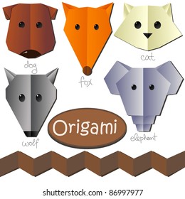 set of cute origami animal heads like dog cat fox elephant wolf isolated on white background