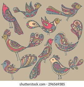 Set of cute ornamental  hand drawn birds.