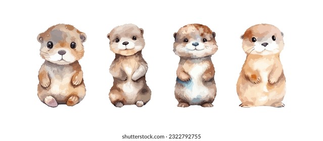 Set of cute otter watercolor isolated on white background. Vector illustration