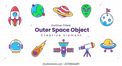 Set of Cute Outer Space Element Supplies Collection. Bundle set Cosmic and Spaceship. Planet and Rocket Colored Style Illustration