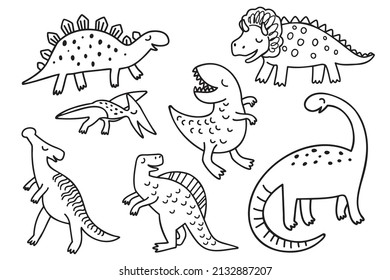 Set of cute outline dinosaur. T-rex, tyrannosaurus, diplodocus, pterodactyl, stegosaurus and spinosaurus. Doodle dino, vector illustration on white background.