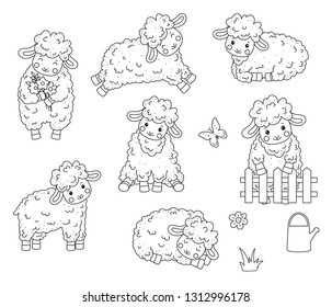 Set of cute outline doodle sheeps. Vector illustration