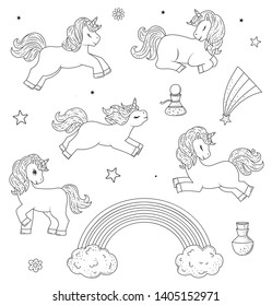 Set of cute outline doodle unicorns .Hand drawn elements. Vector illustration