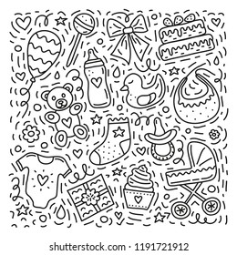 Set of cute outline doodles for baby shower isolated on white background.