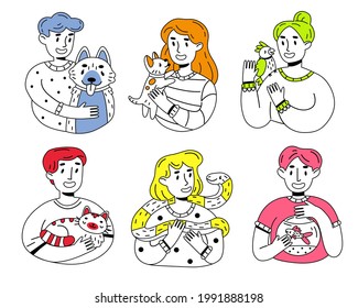 Set of cute outline happy pet owners. Vector illustration isolated on white background. Owners with pets.