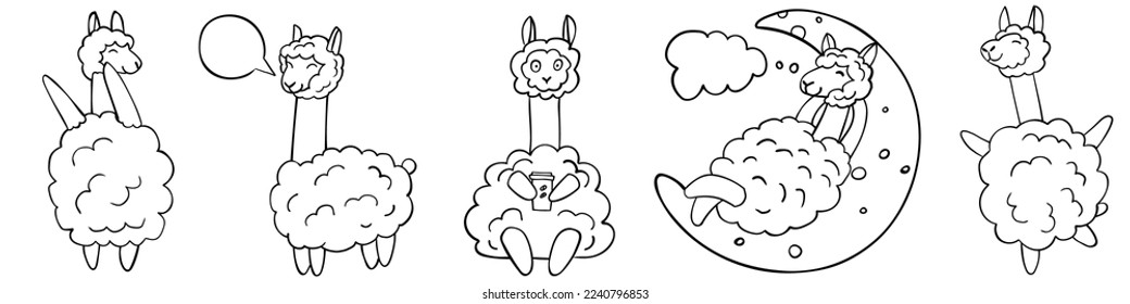Set of cute outline llama ice cream isolated on white background. Perfect for coloring page, coloring book, print. Vector illustration.