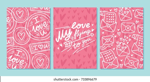 Set of cute outline love hand drawn greeting cards with text and doodles, hearts, love letters, post stamps. My love is flying to you. Illustrations, poster, banner,  wedding design templates
