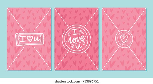 Set of cute outline love hand drawn greeting cards with post stamps, hearts, love letters, envelope style. Illustrations, poster, banner, wedding design templates
