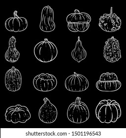 Set of cute outline pumpkin chalk doodles on a blackboard. Autumn graphic icons