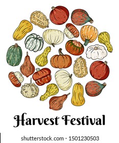 Set of cute outline pumpkin doodles in a wreath. Harvest festival image