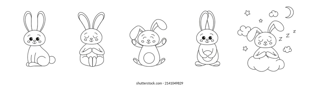 Set of Cute outline rabbits, bunny for coloring. Rabbits Bunnies Cartoon Outline Coloring Book or page for kids. Happy Easter in doodle style. Illustration Vector. 