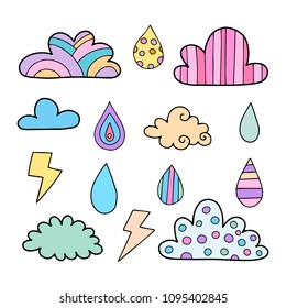 Set of the cute outline vector weather icons in pastel colors. Clouds and raindrops illustrations.