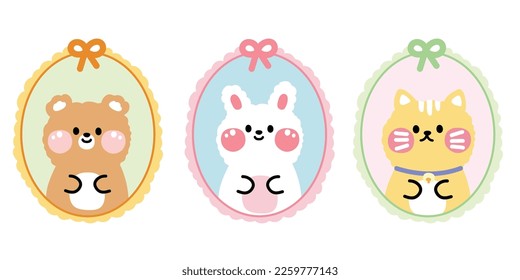 Set of cute oval shape frame with animal picture.Cartoon character design.Bear,rabbit,cat hand drawn.Isolated.Kawaii.Vector.Illustration.