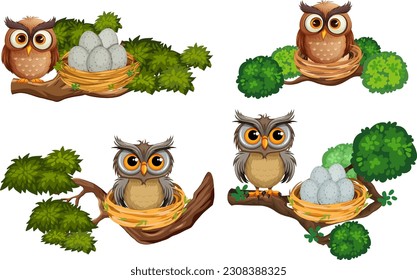 Set of cute owl cartoon illustration