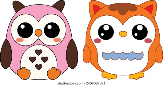 Set of cute Owl Cartoon Illustration. Animal clipart to create worksheets or game for children