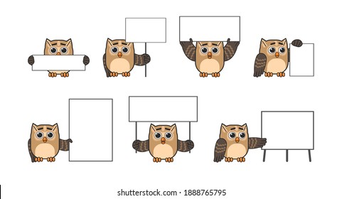 Set of cute owl characters with blank banners. Modern vector illustration
