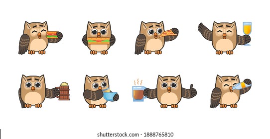 Set of cute owl characters eat and drink various fast food. Cheerful owl eat hamburger, pizza, drink juice, beer and showing other actions. Modern vector illustration