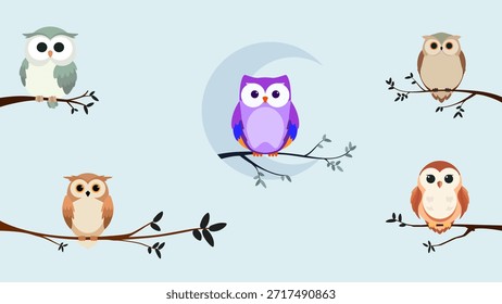Conjunto de personagens coruja bonito empoleirado em galhos de árvore com um fundo lua crescente. Ilustração de vetor plano em cores pastel macio, perfeito para livros infantis, adesivos e decoração de berçário. Coleção de ilustrações coruja bonito em ramos com fundo da lua.