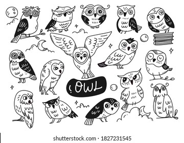 Set of cute owl doodle line art