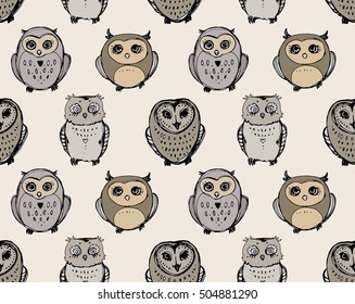 Set of cute owl doodle sketch. Vector illustration editable. Can be used for print on t-shirt, postcard, fabric.