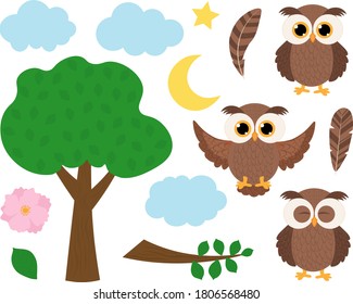 Set Cute Owl feathers clouds tree flowers vector illustration