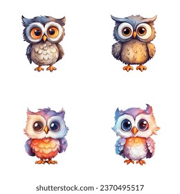 set of cute owl watercolor illustrations for printing on baby clothes, sticker, postcards, baby showers, games and books, safari jungle animals vector