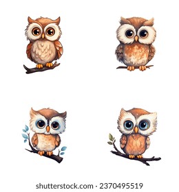 set of cute owl watercolor illustrations for printing on baby clothes, sticker, postcards, baby showers, games and books, safari jungle animals vector