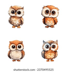set of cute owl watercolor illustrations for printing on baby clothes, sticker, postcards, baby showers, games and books, safari jungle animals vector
