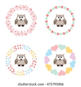 Set of cute owlets in circle frames with hearts. Can be used for baby cards or invitations