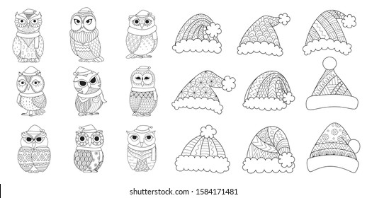 Set of cute owls and Christmas hats for adult coloring book,coloring page, and other design elements. Vector illustration