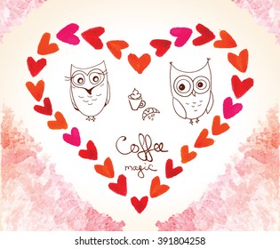Set of cute owls. Coffee concept. Vector cartoon owls isolated on white background.
