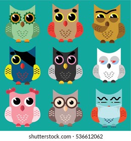 set of cute owls, colorful characters